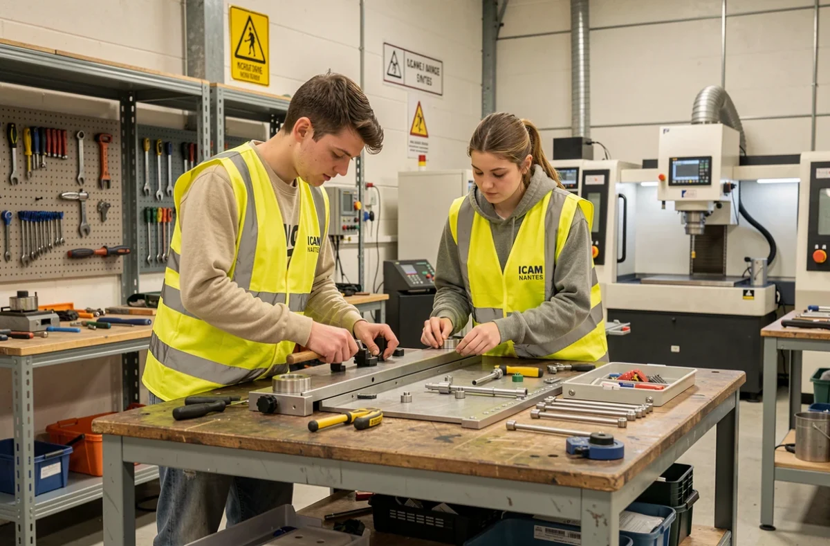 Deux étudiants en alternance travaillant sur un établi dans l'atelier de l'ICAM site de Nantes