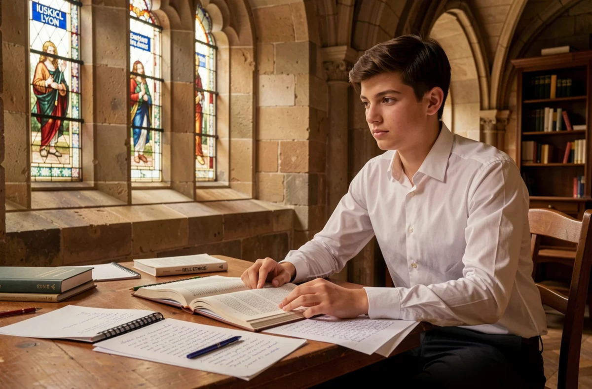 Étudiant en train de lire un manuel d'éthique des affaires dans un cadre historique à l'ICL Lyon