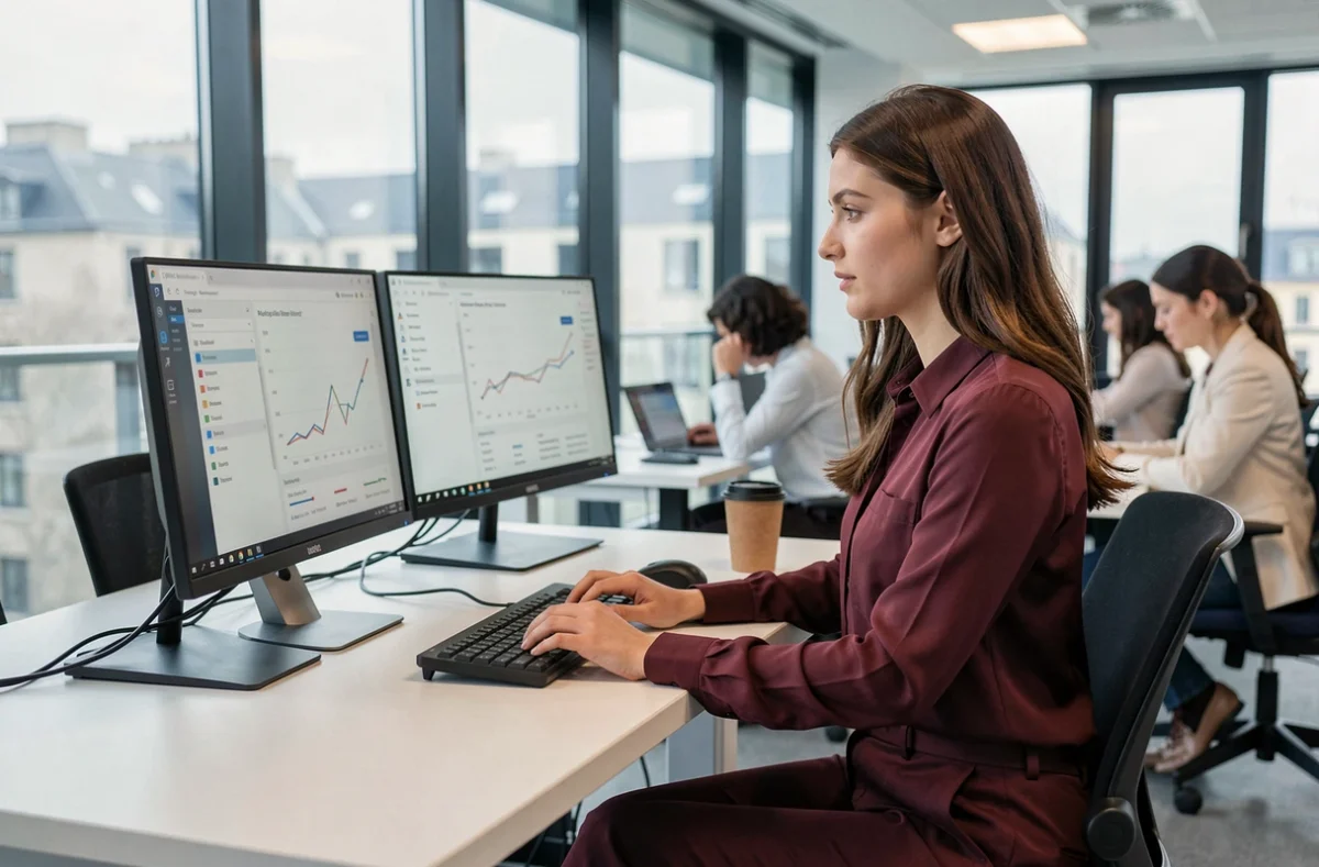 Étudiante analysant des données marketing sur ordinateur à l'IDRAC Business School de Lyon