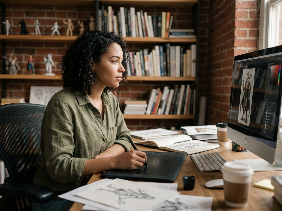 Jeune illustratrice en formation travaillant sur un concept art numérique à son bureau de studio créatif avec tablette graphique et sketchbooks ouverts