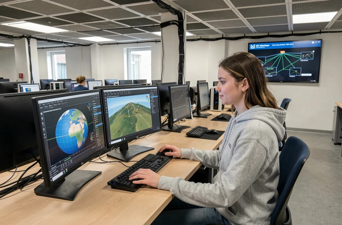 Étudiante travaillant sur des simulations numériques et environnementales dans un laboratoire informatique d'IMT Atlantique