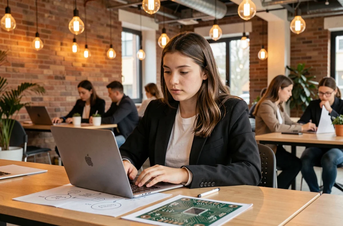 Étudiante en ingénierie numérique post-bac codant dans l'espace coworking moderne de l'ISEN Ouest