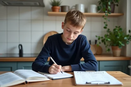 Jeune gar&ccedil;on fran&ccedil;ais concentr&eacute; &agrave; &eacute;tudier ses notes de grammaire