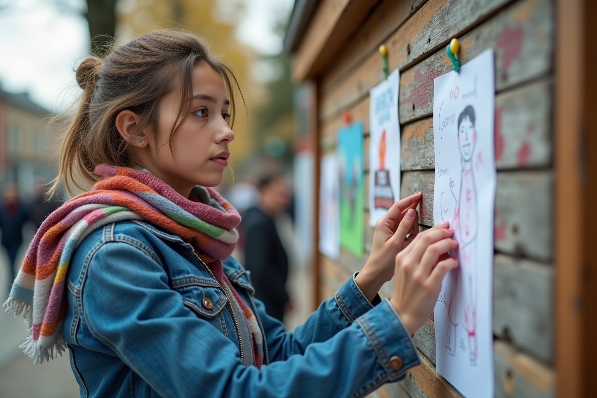 Jeune femme pinçant une affiche peinte dans un parc urbain