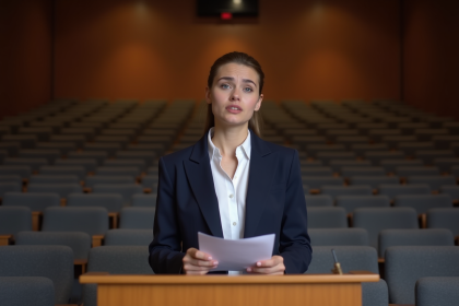 Jeune femme anxieuse derrière un podium en auditorium