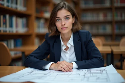 Jeune femme étudie des plans d'architecture à la bibliothèque