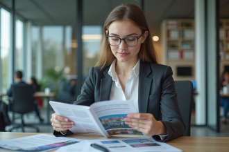 Jeune femme en bureau étudiant des brochures universitaires