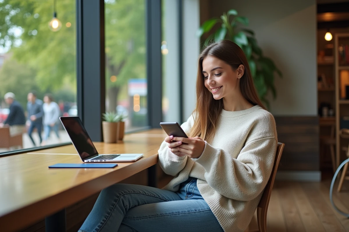 Jeune femme assise dans un camcafe avec smartphone et tablette