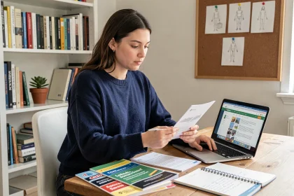 Jeune femme comparant des brochures de formation GOBELINS sur un bureau en bois avec un ordinateur portable ouvert