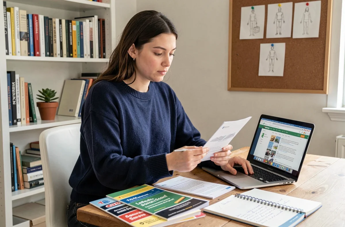 Jeune femme comparant des brochures de formation GOBELINS sur un bureau en bois avec un ordinateur portable ouvert