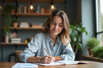 Jeune femme en coworking esquissant des idées dans un bureau moderne