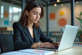 Jeune femme concentr&eacute;e sur son portfolio design en int&eacute;rieur