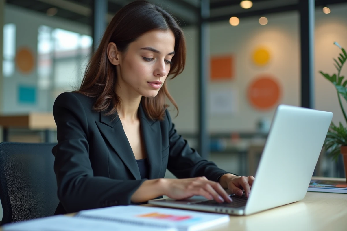 Jeune femme concentrée sur son portfolio design en intérieur