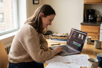 Jeune femme en train d'éditer un court-métrage sur son ordinateur