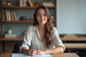 Jeune femme en classe prenant des notes avec motivation
