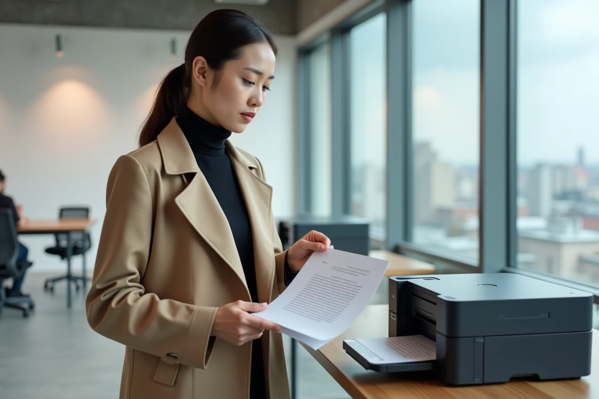 Jeune femme imprimant sa lettre de motivation finalisée dans un espace de coworking moderne