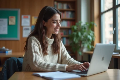 Jeune femme &eacute;tudiant d&eacute;couvrant un portail en ligne dans un espace universitaire