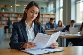 Jeune femme en blazer et jeans lit un classement d'écoles d'ingénieurs