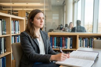 Jeune femme en bibliothèque prenant des notes
