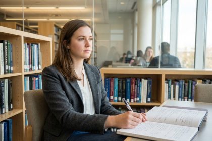 Jeune femme en bibliothèque prenant des notes