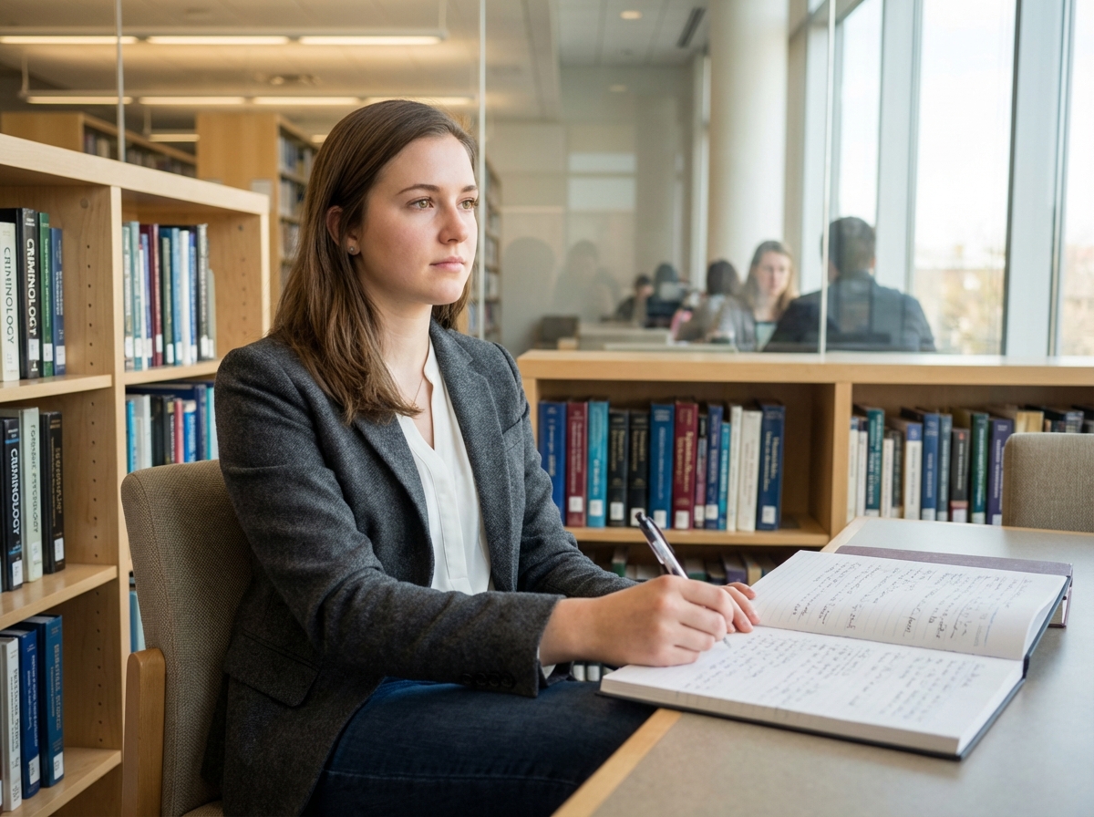 Jeune femme en bibliothèque prenant des notes