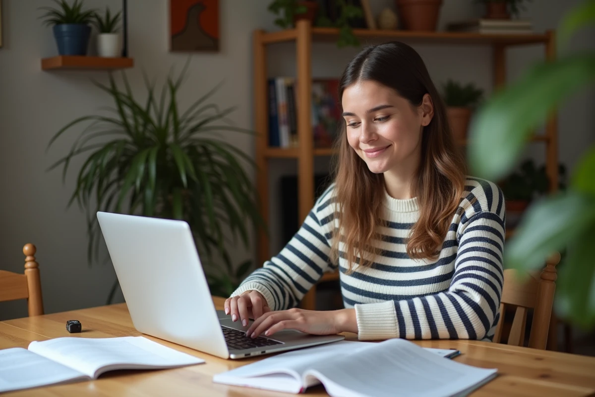 Jeune femme concentrée avec ordinateur et documents Solus