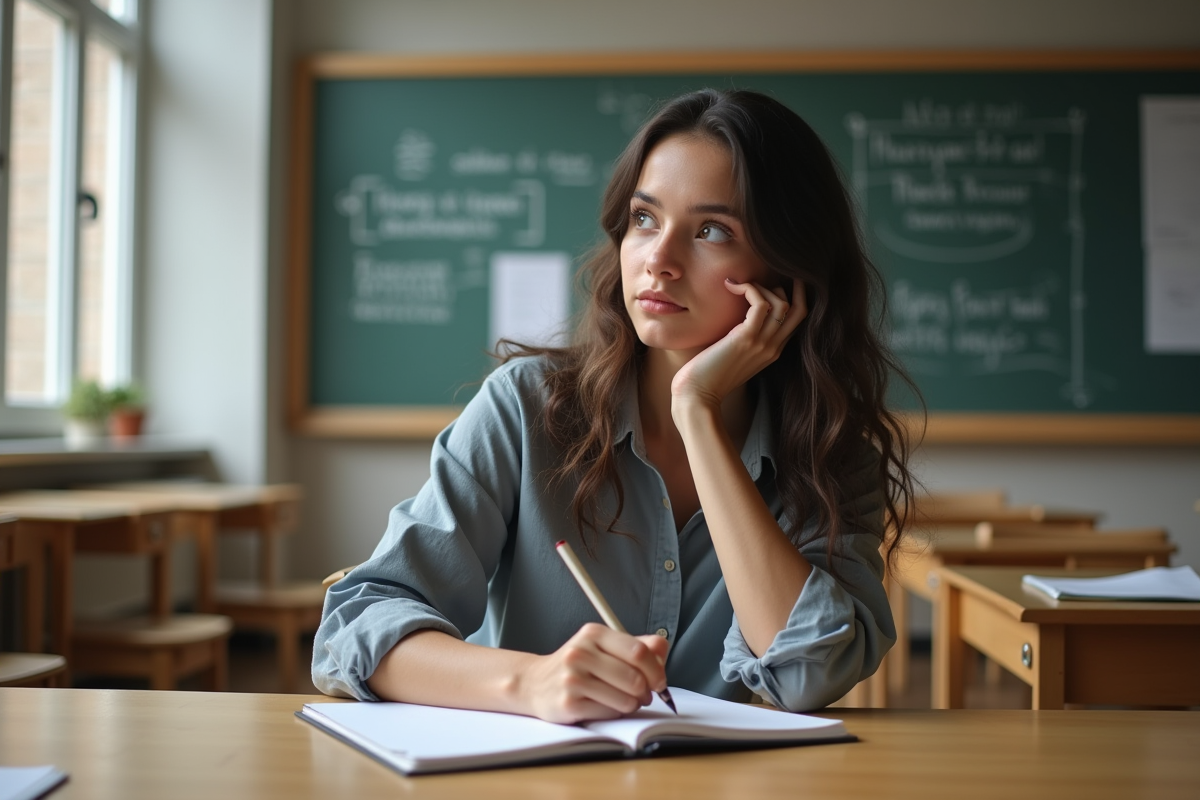 Jeune femme concentrée écrivant dans un cahier dans un espace éducatif