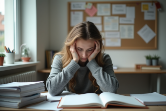 Jeune femme stressée à son bureau d'études