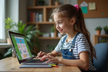 Jeune fille en jeans et tshirt &agrave; l'&eacute;tude devant un ordinateur