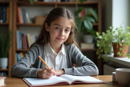 Jeune fille &eacute;tudiante en lecture concentr&eacute;e dans son bureau