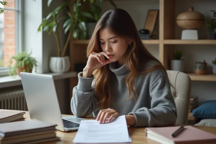 Jeune femme r&eacute;fl&eacute;chie &agrave; son ordinateur pour choisir sa carri&egrave;re