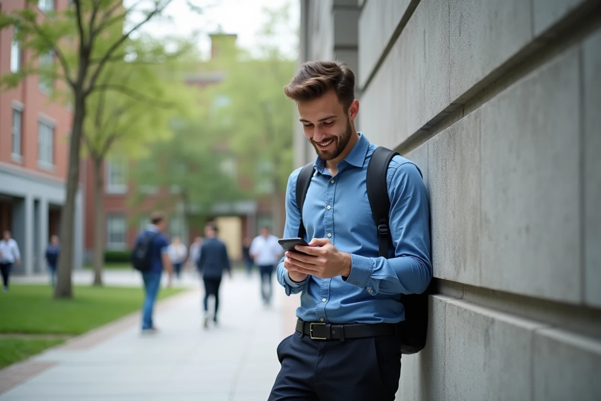 Jeune homme dehors utilisant son smartphone pour des cours en ligne