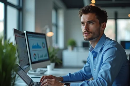 Jeune homme au bureau utilisant deux &eacute;crans num&eacute;riques