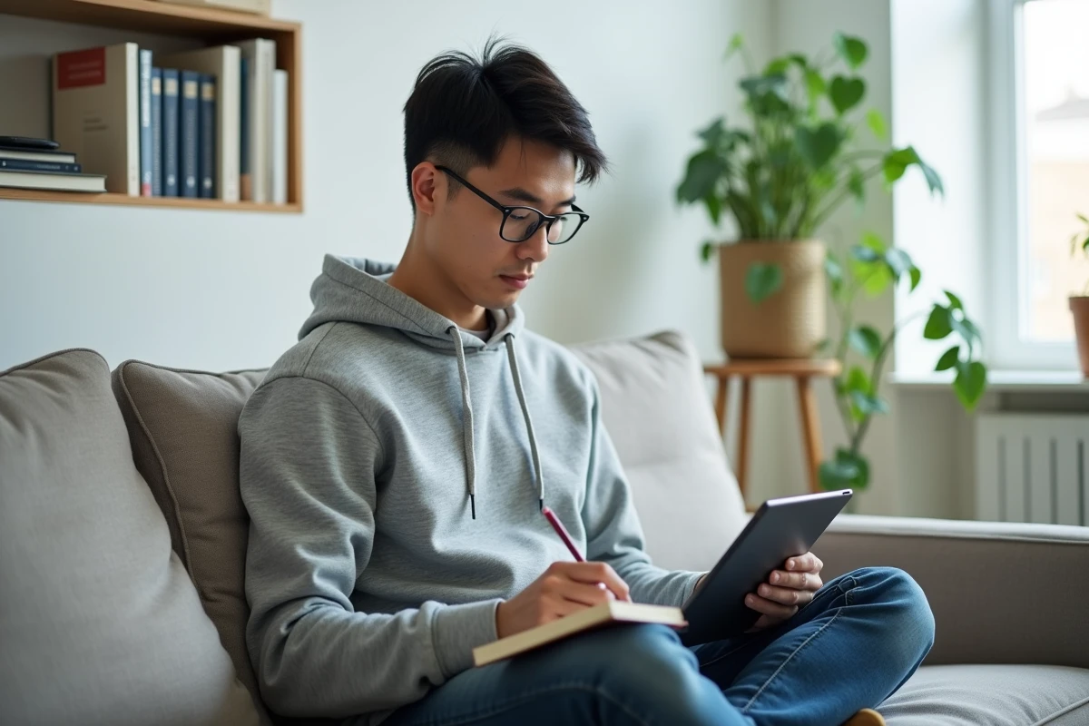 Jeune homme en télétravail révisant des certifications numériques sur tablette dans un bureau à domicile épuré