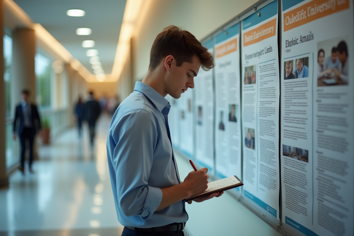 Jeune homme devant panneau d information universitaire en train de prendre des notes