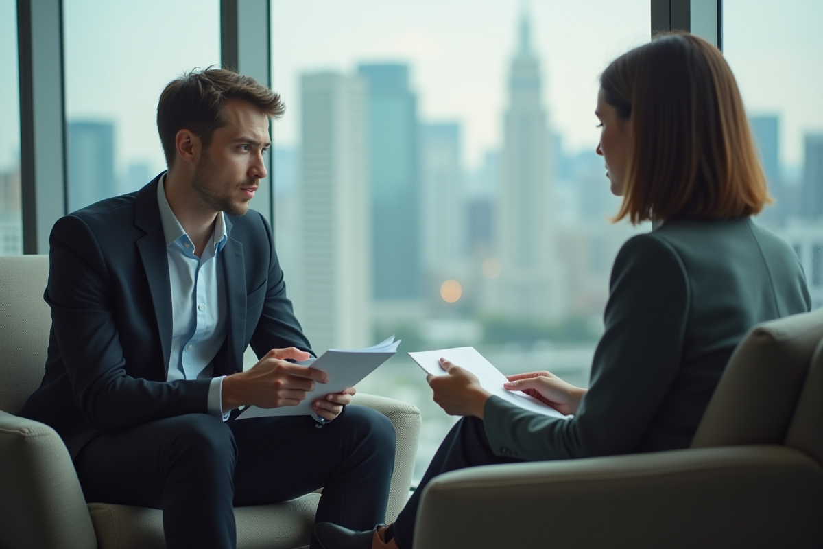 Jeune homme en entretien avec une coach dans une salle vitrée
