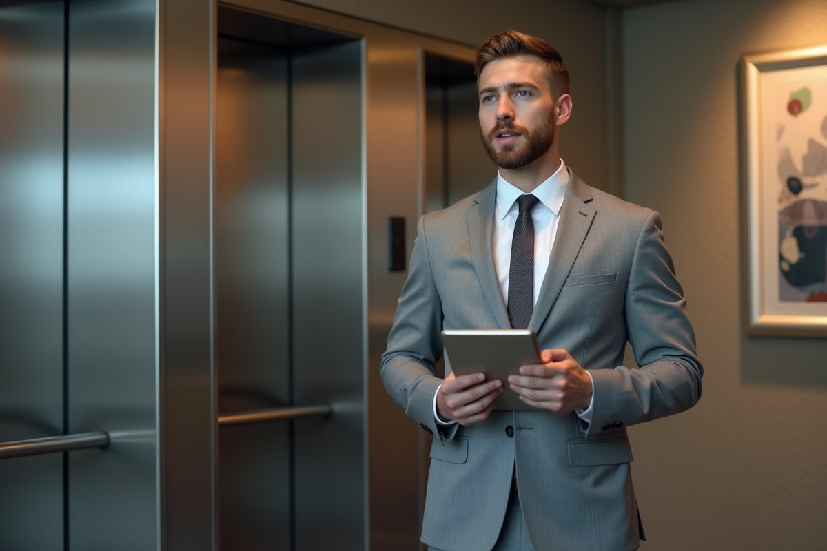 Jeune homme en costume pratiquant son pitch dans un hall d