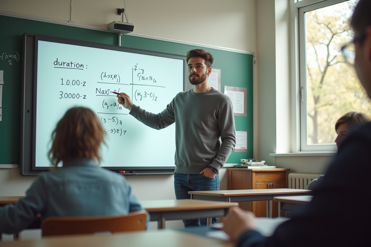Jeune homme pointant des formules sur un tableau blanc en classe