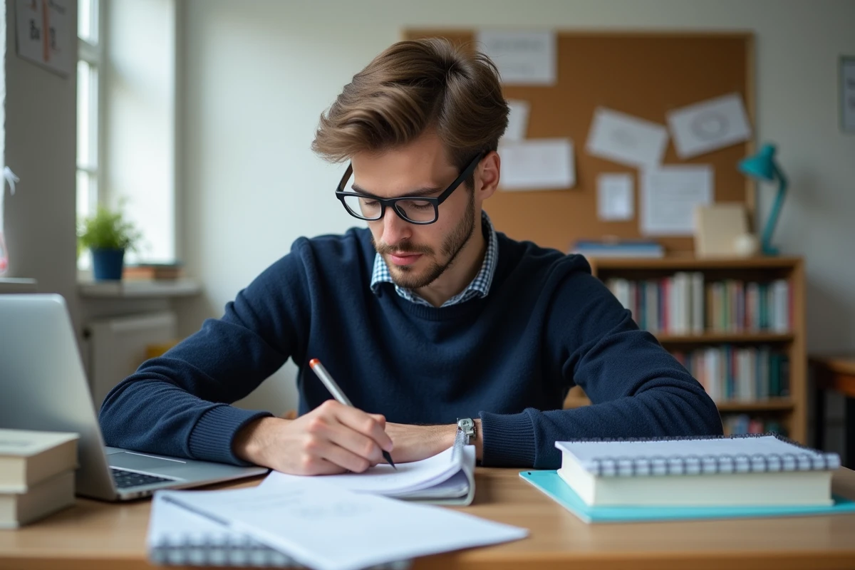 Jeune homme concentré à ses études dans une chambre lumineuse