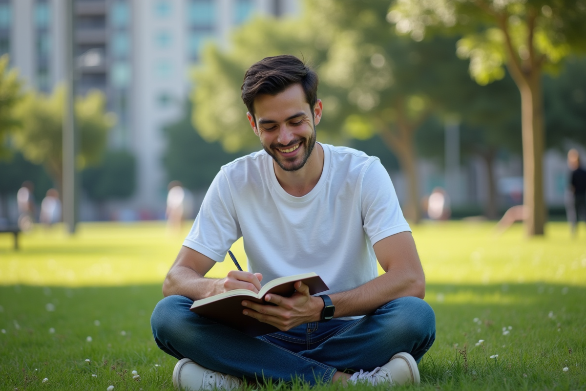 Jeune homme dans un parc urbain avec carnet et stylo
