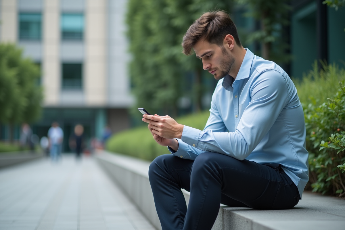 Jeune homme assis sur un banc en ville en pause