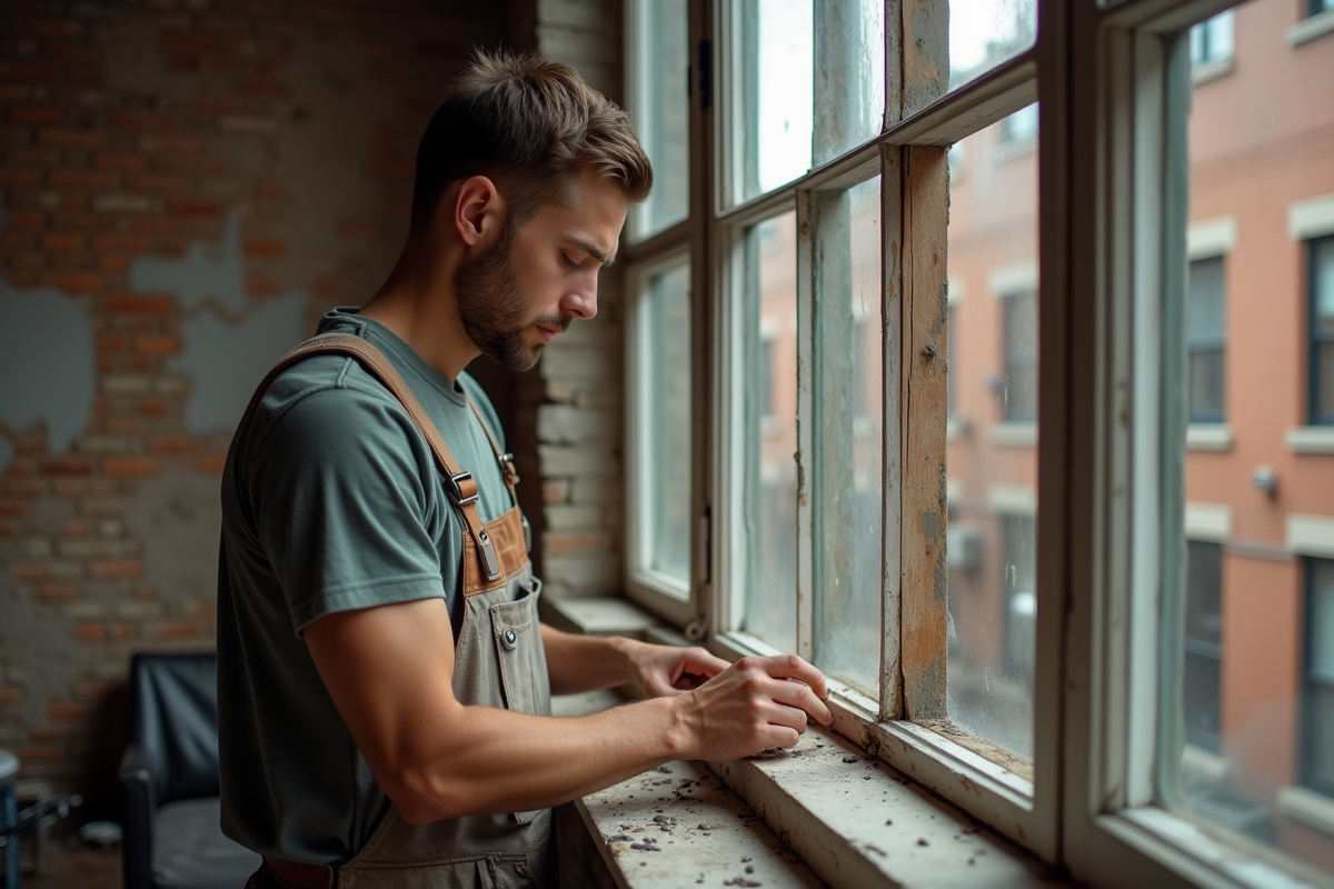 Jeune homme réparant une vieille fenêtre en bois dans un intérieur urbain
