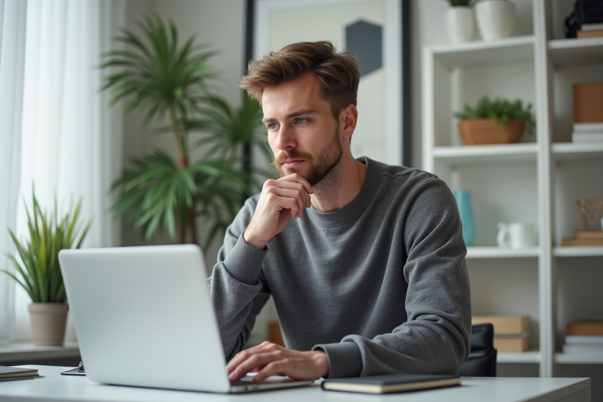 Jeune homme en vidéo appel dans un bureau minimaliste