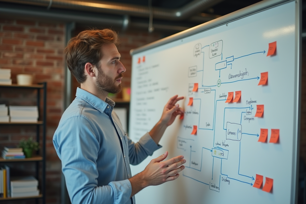 Jeune homme expliquant un diagramme sur whiteboard