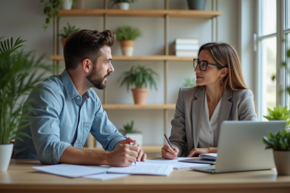 Jeune homme internant avec une entrepreneure dans un bureau lumineux