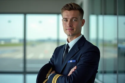 Jeune pilote homme en uniforme devant terminal a&eacute;roport