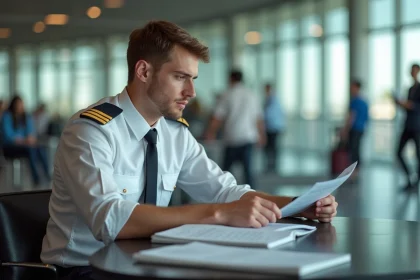 Jeune homme en uniforme de pilote dans un caf&eacute; d'a&eacute;roport