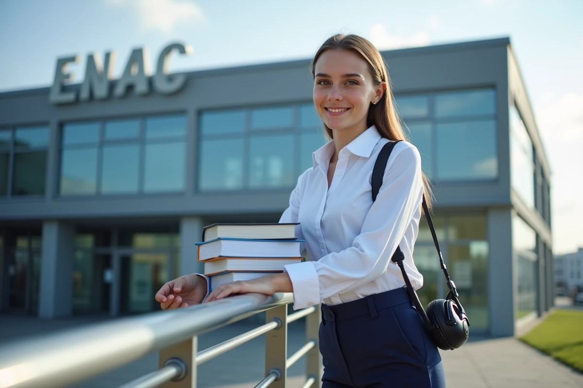 Jeune étudiante pilote en ENAC avec livres et casque