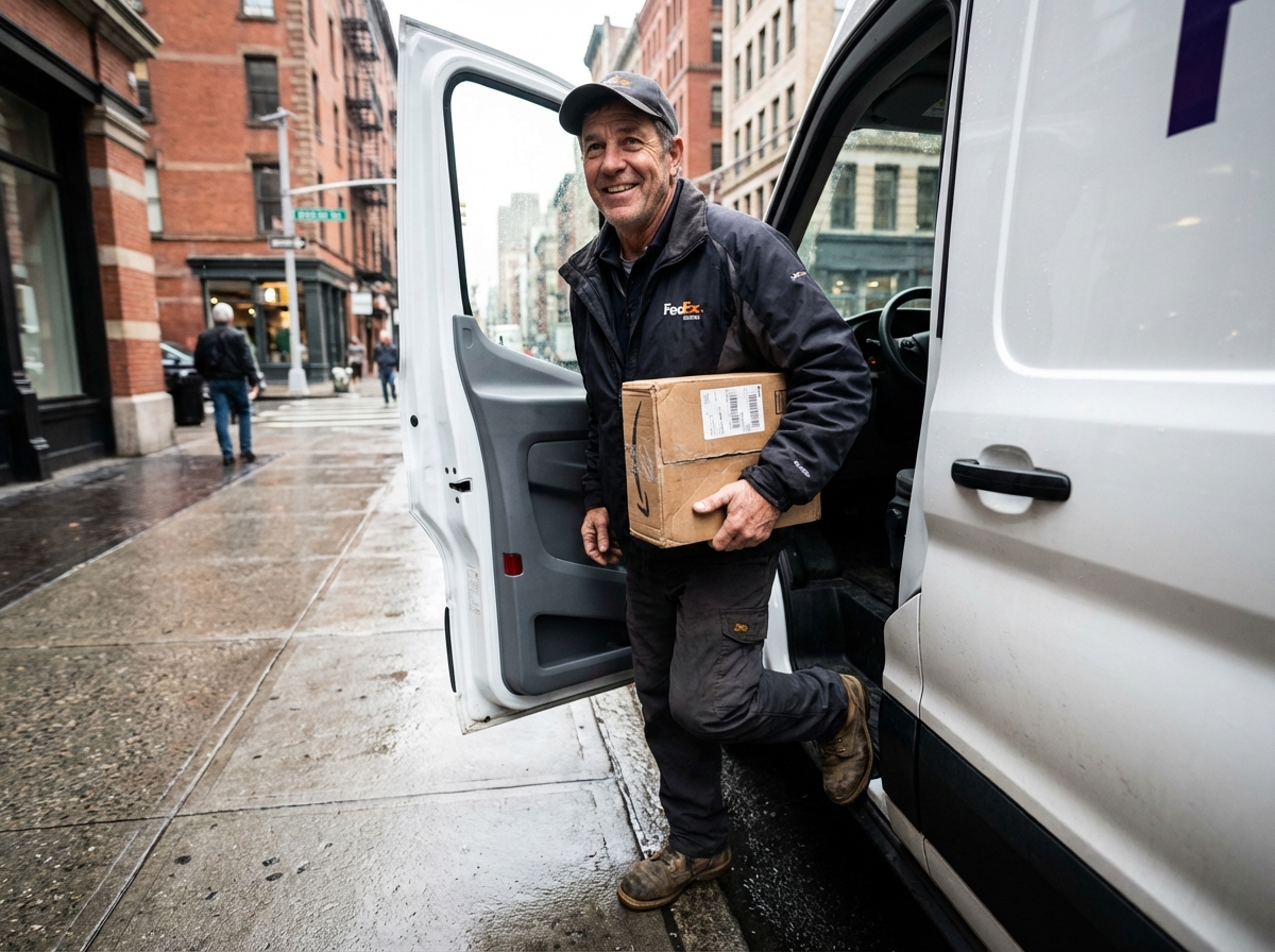 Livreur souriant sortant de la camionnette dans la ville