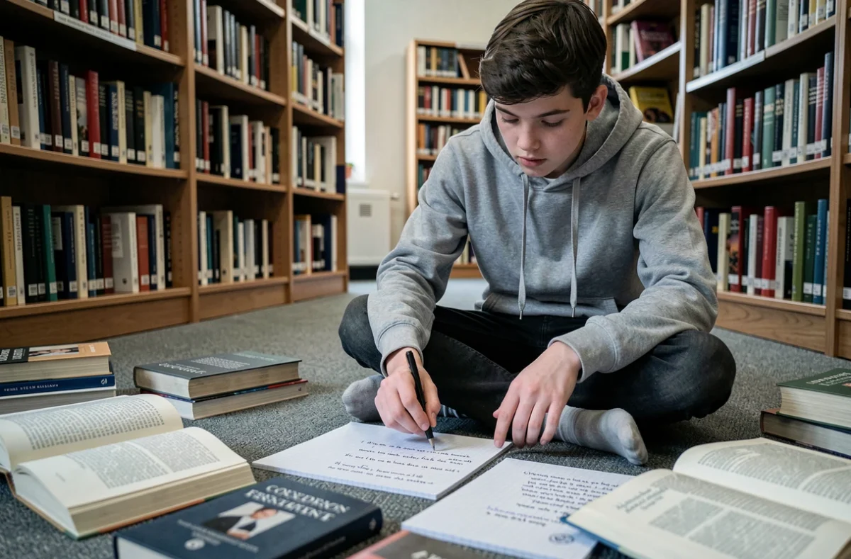 Lycéen étudiant la structure d'une strophe de six vers dans une bibliothèque scolaire avec des manuels de poésie ouverts